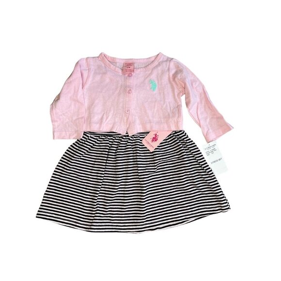 U.S. Polo Assn. Baby Girl's 2-Piece Dress Set Pink Cardigan Striped Dress 12M - Picture 1 of 4